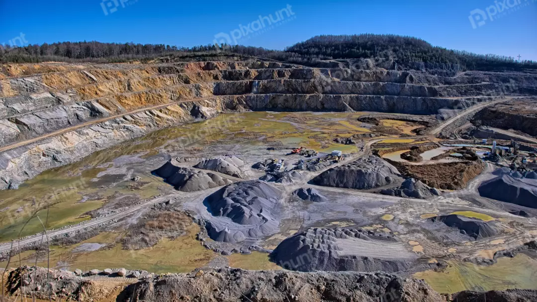 Panoramic View of Open-Pit Stone Quarry Mining Operation Landscape