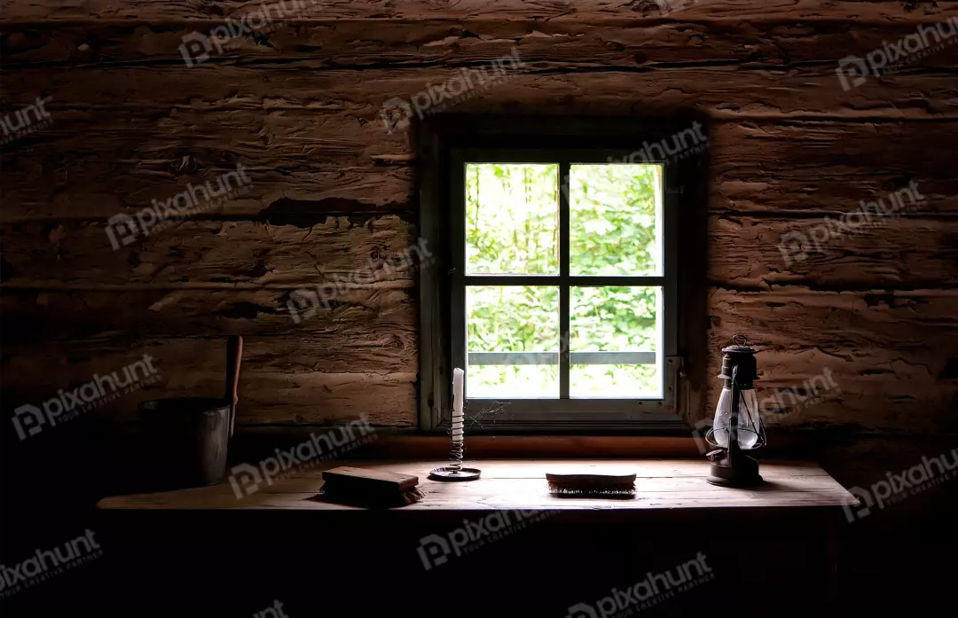 Rustic Log Cabin Interior with Bright Window and Vintage Objects