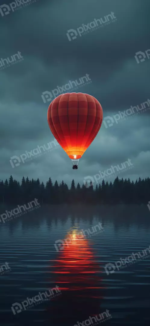 Free Premium Stock Photos Red hot air balloon over dark lake and forest at dusk