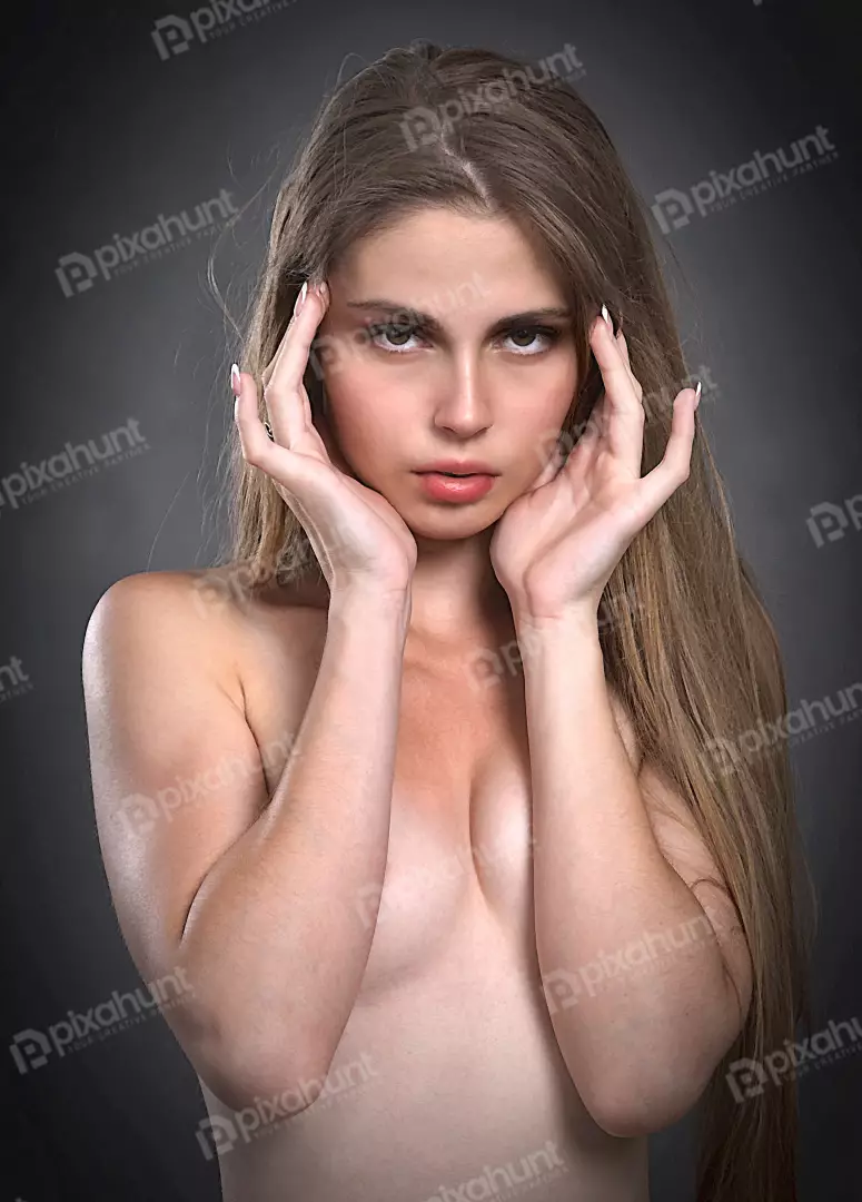 Beautiful young woman posing confidently, long flowing hair, captivating gaze, dark background