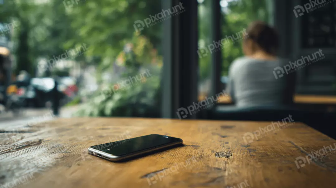Free Premium Stock Photos Modern Smartphone Resting Face Down on Rustic Wooden Table in a Blurred Cafe