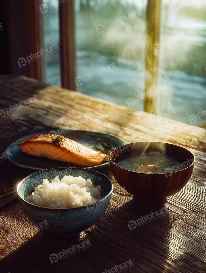Free Premium Stock Photos Traditional Japanese Salmon Dinner with Steaming Miso Soup and Rice in Sunlight