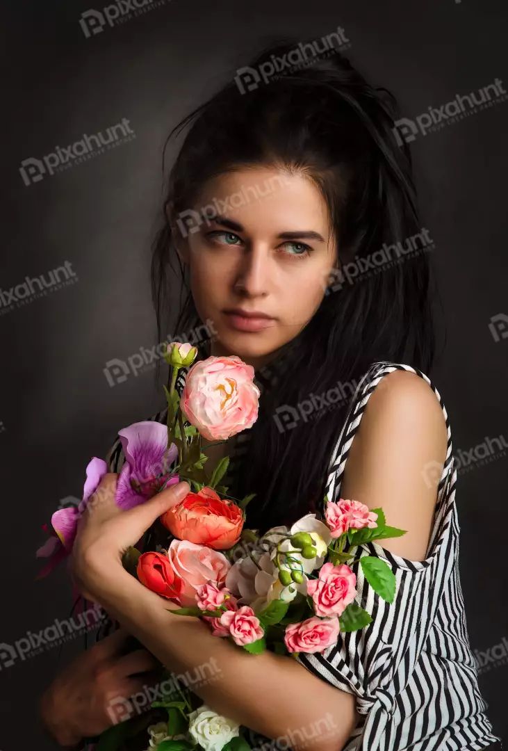 Captivating Woman with Blue Eyes Holding Vibrant Floral Bouquet