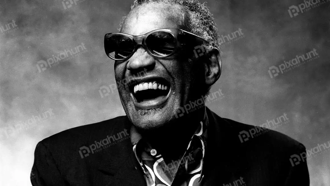 Legendary Soul Musician Ray Charles Laughing Heartily in Black and White Portrait