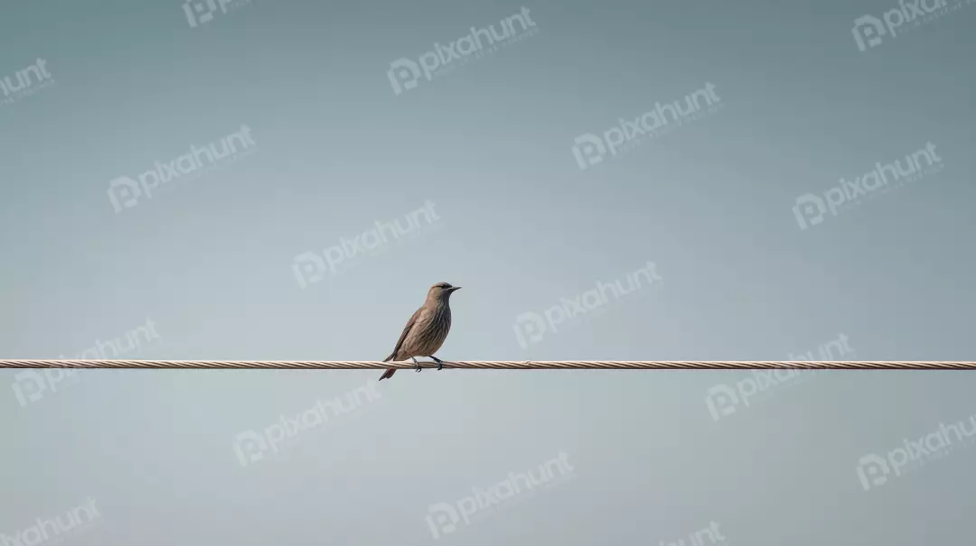 Tiny Bird Perched on a Single Power Line Against a Clear Blue Sky