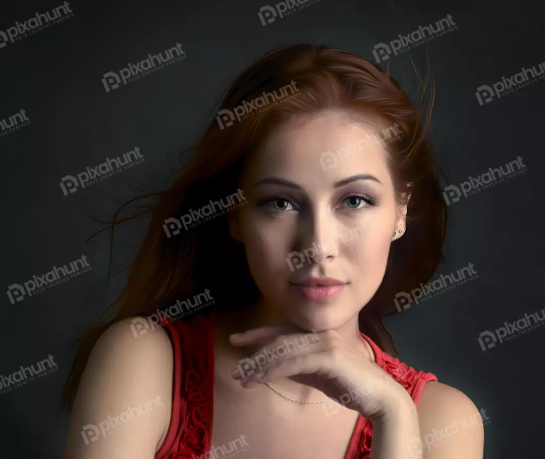 Pensive Young Woman with Red Hair and Textured Red Top