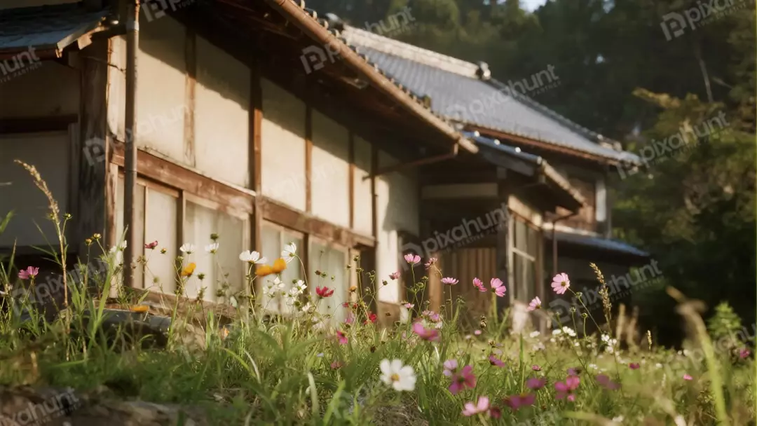 Free Premium Stock Photos Serene Japanese Countryside Scene with Wildflowers and Traditional House