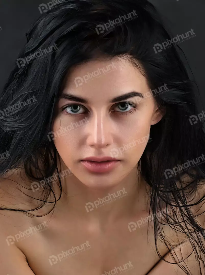 Striking Portrait of Young Woman with Wavy Dark Hair and Piercing Gaze