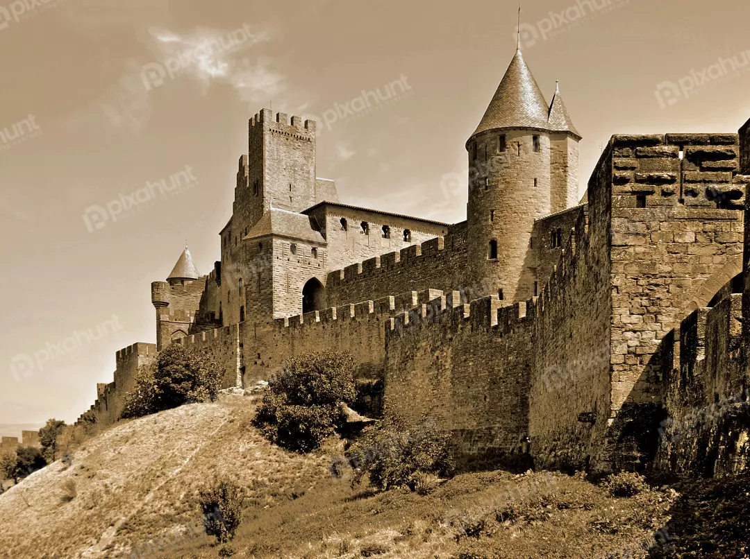 Majestic European Medieval Castle and Ancient Fortification in Sepia