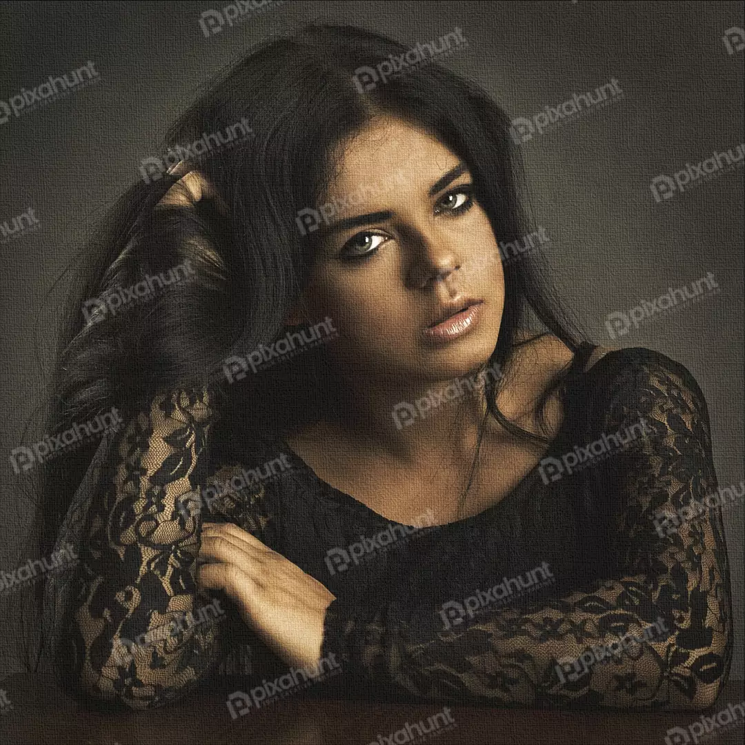 Pensive Young Woman in Black Lace with Long Dark Hair Artistic Studio Portrait