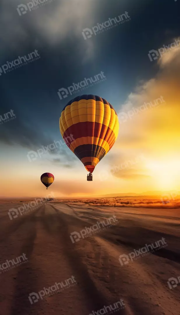 Free Premium Stock Photos Hot Air Balloons Soar Above Desert Landscape at Sunrise