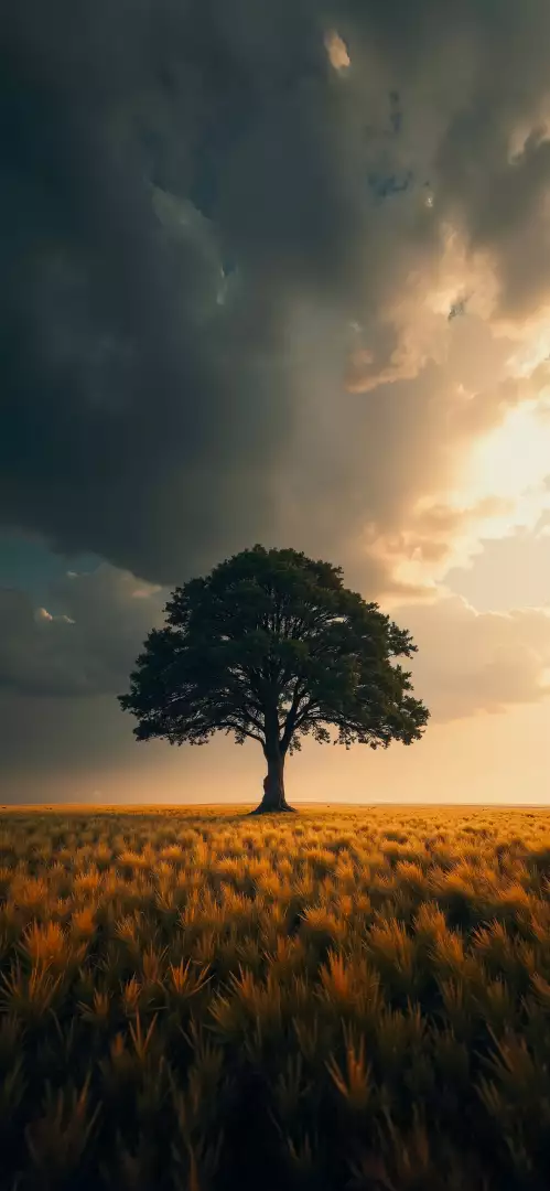 Free Premium Stock Photos Lone Tree in Golden Field Under Dramatic Stormy Sunset Sky