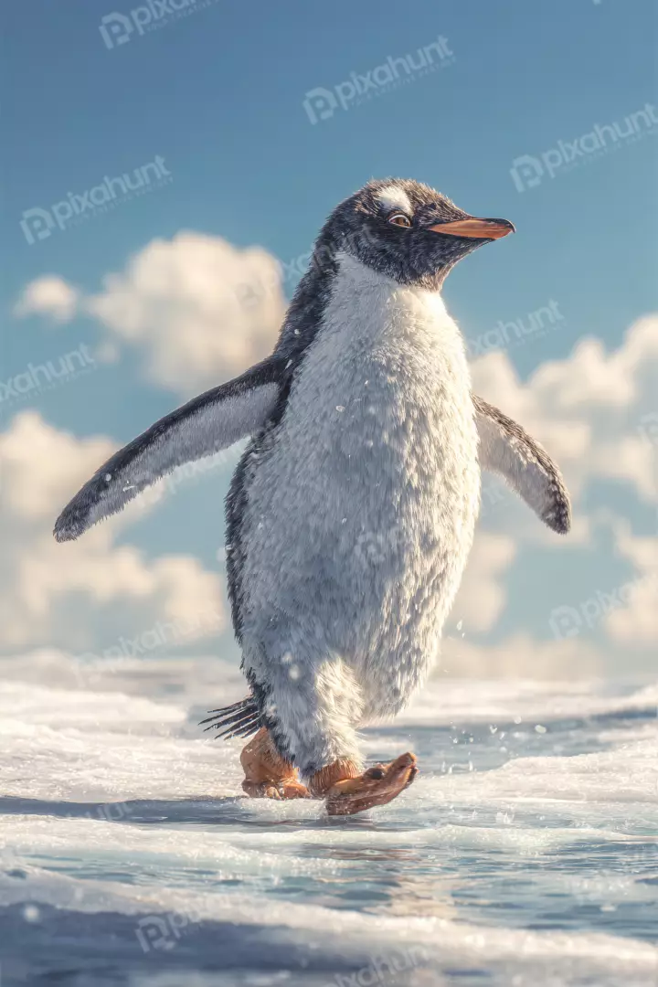 Adorable Gentoo Penguin Walking Confidently on Glistening Snowy Ice Under Blue Sky