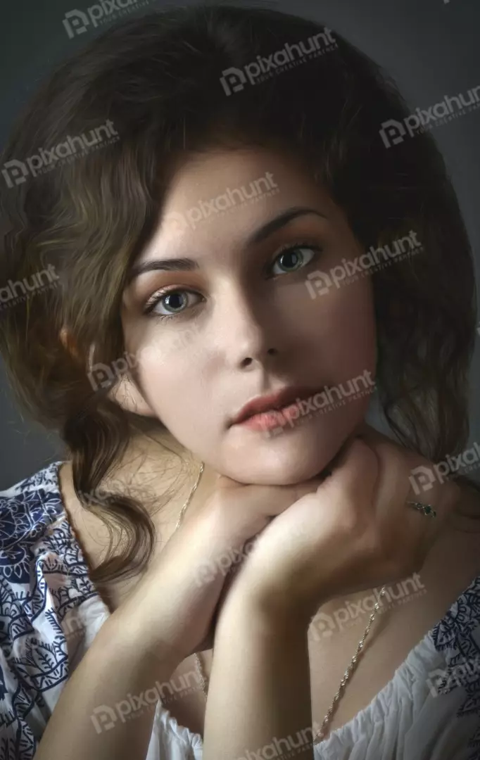 Captivating Woman with Emerald Eyes and Brown Wavy Hair Portrait