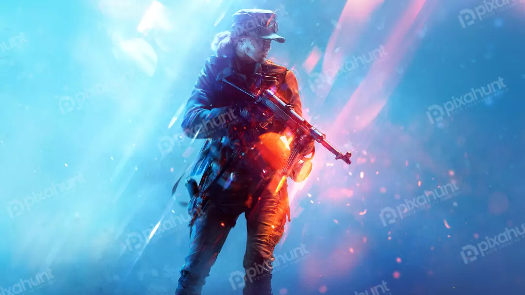 Female Soldier with Submachine Gun in Dynamic Sci-Fi Combat Scene