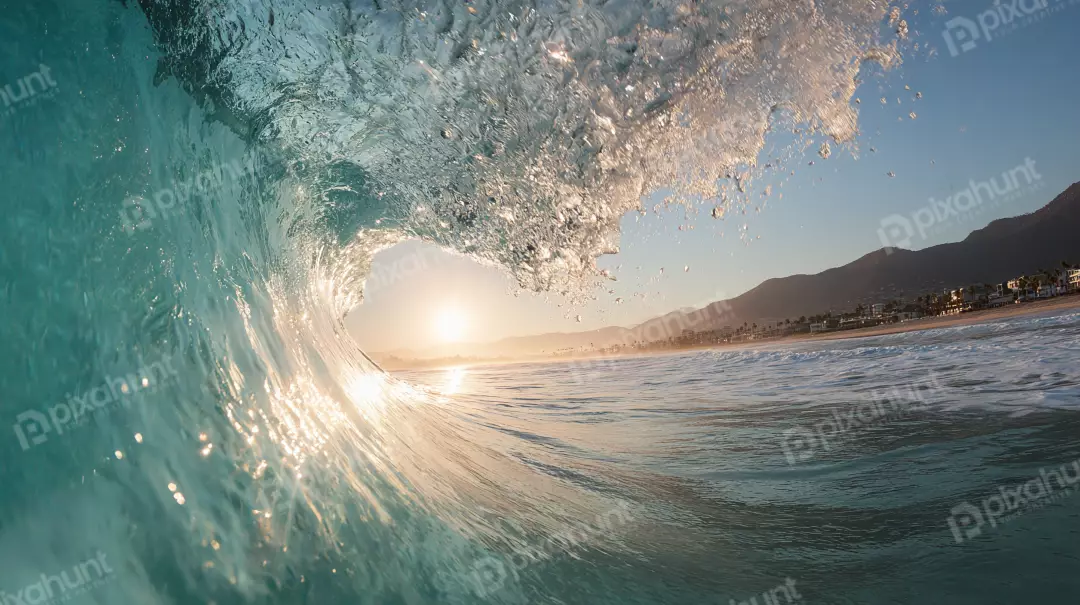 Free Premium Stock Photos Inside a Barrel Wave at Sunset with Coastal Town and Mountains
