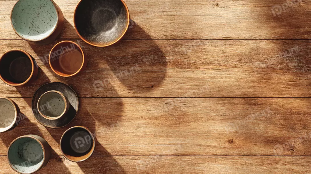 Free Premium Stock Photos Overhead View of Artisan Ceramic Bowls and Plates on Rustic Wooden Table with Sunlight Shadows for Copy Space