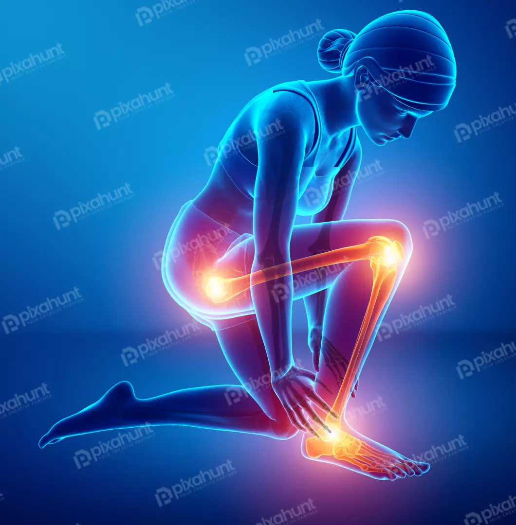 3D Medical Visualization of Female Anatomy with Glowing Ankle, Knee, and Hip Pain