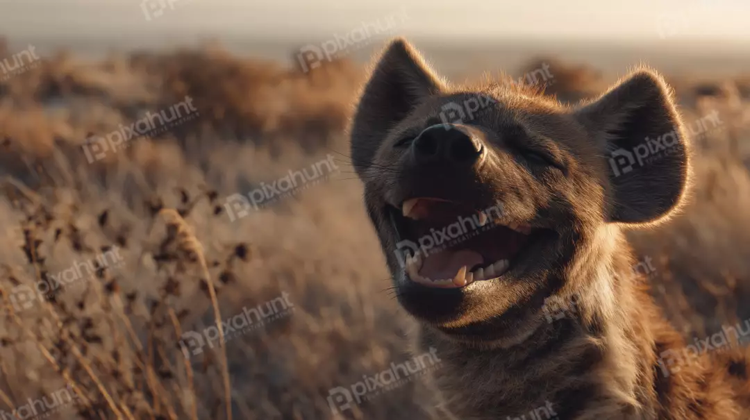 Joyful Spotted Hyena Laughing with Open Mouth in Golden African Savanna Sunlight