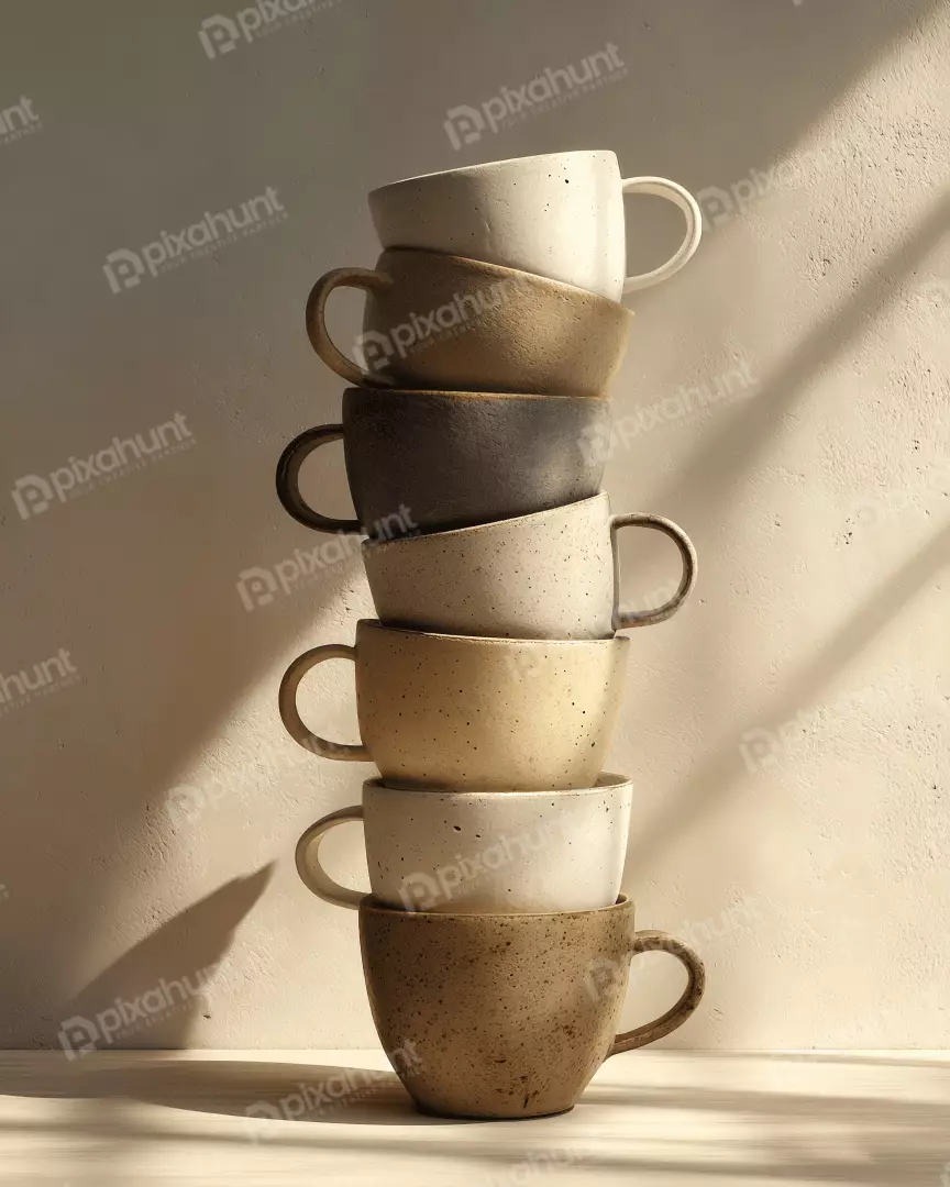 Free Premium Stock Photos Stacked Rustic Ceramic Coffee Mugs with Warm Sunlight and Textured Shadows