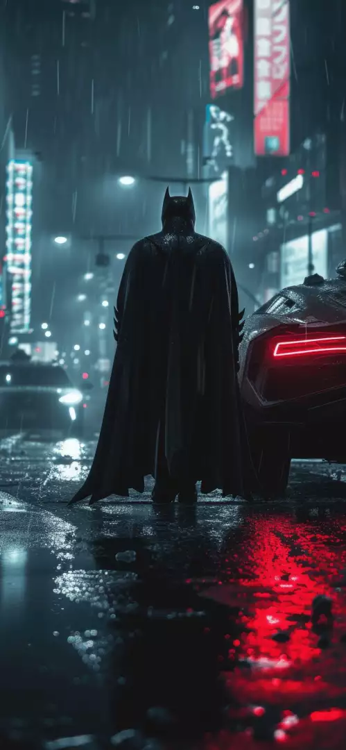 Free Premium Stock Photos Batman Standing in Rainy City Street Beside Batmobile