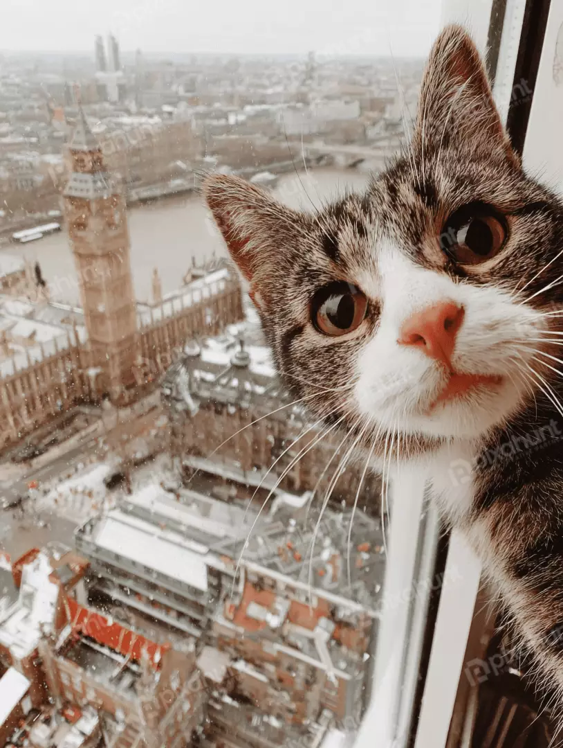 Free Premium Stock Photos Playful Tabby Cat Observing Iconic Big Ben from London Skyscraper Window