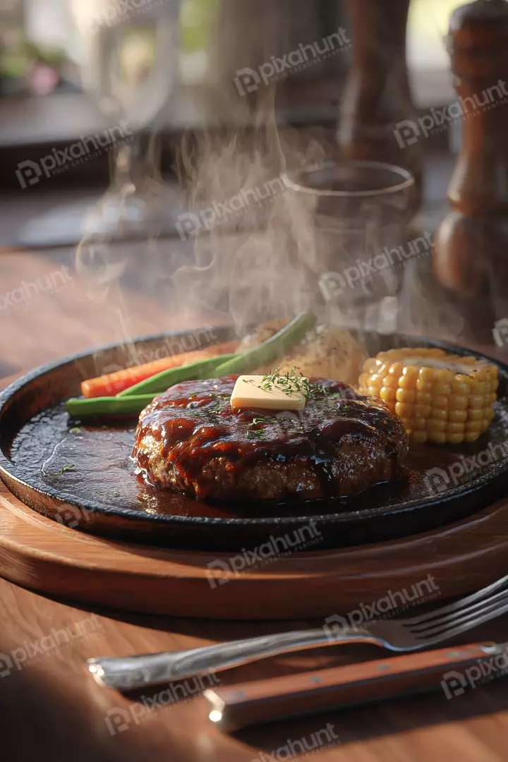 Free Premium Stock Photos Sizzling Gourmet Hamburger Steak with Vegetables and Melting Butter on Hot Plate