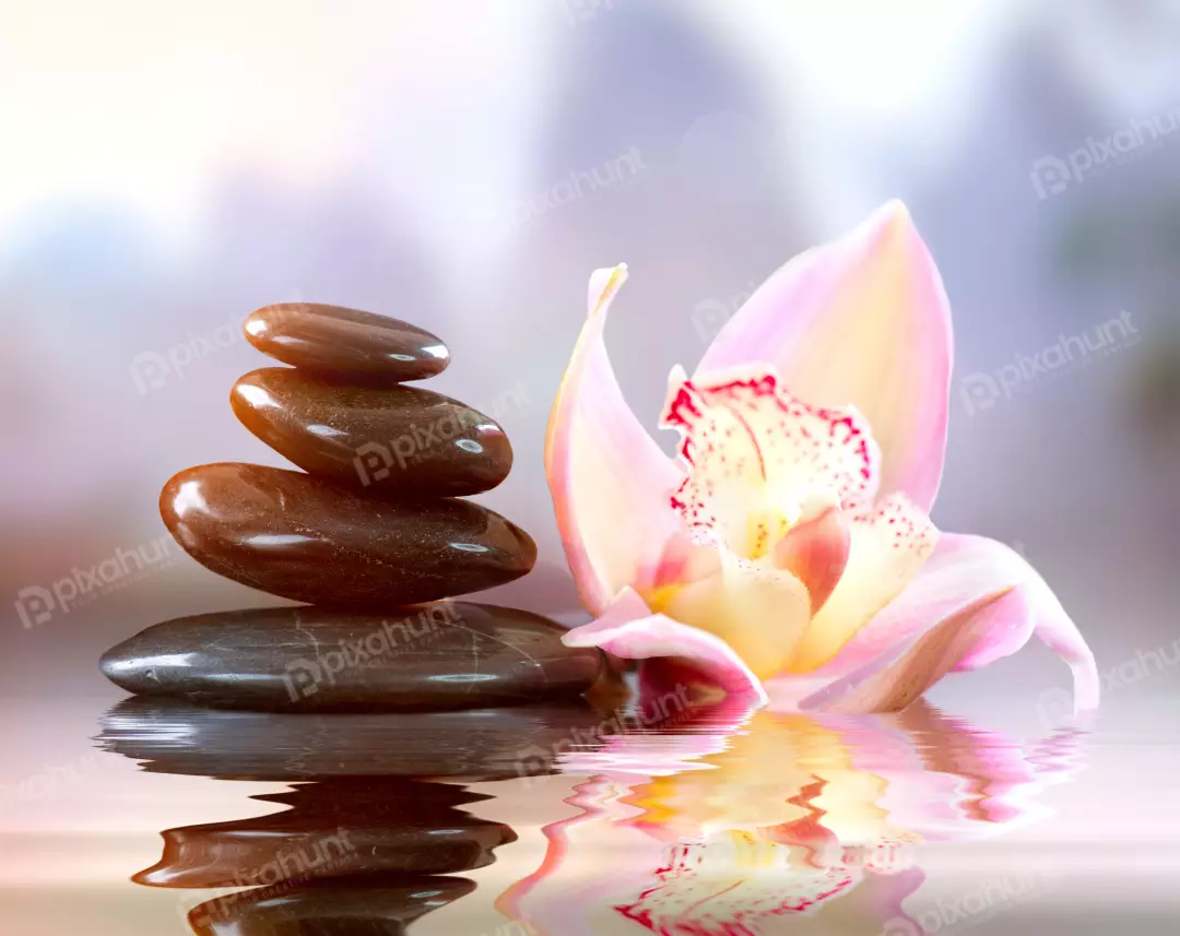 Zen Stones and Orchid Flower Reflecting in Calm Water for Spa and Wellness