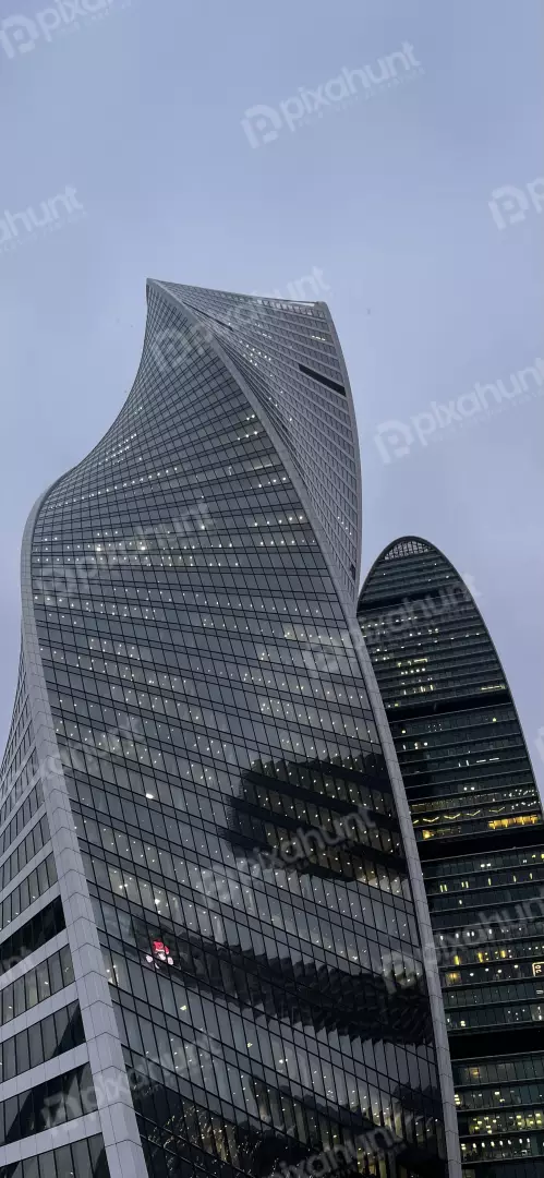 Free Premium Stock Photos Iconic Moscow City Skyscrapers at Dusk Reflecting City Lights