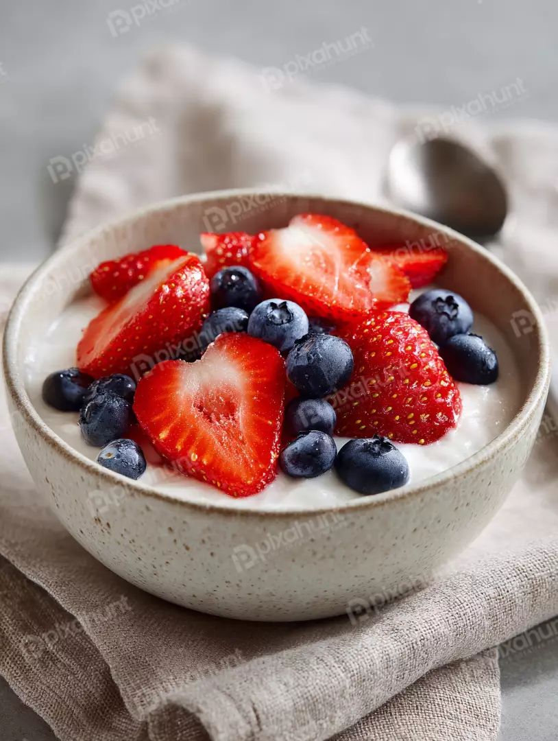 Free Premium Stock Photos Healthy Yogurt Bowl Topped with Fresh Strawberries and Blueberries