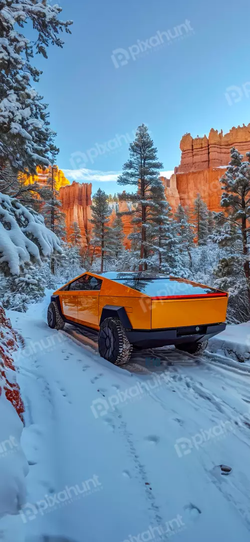 Free Premium Stock Photos Orange Cybertruck drives through snowy forest with canyon backdrop