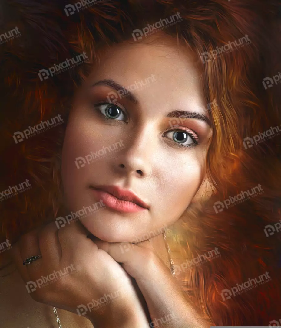 Striking Portrait of a Red-Haired Woman with Intense Green Eyes and Elegant Pose