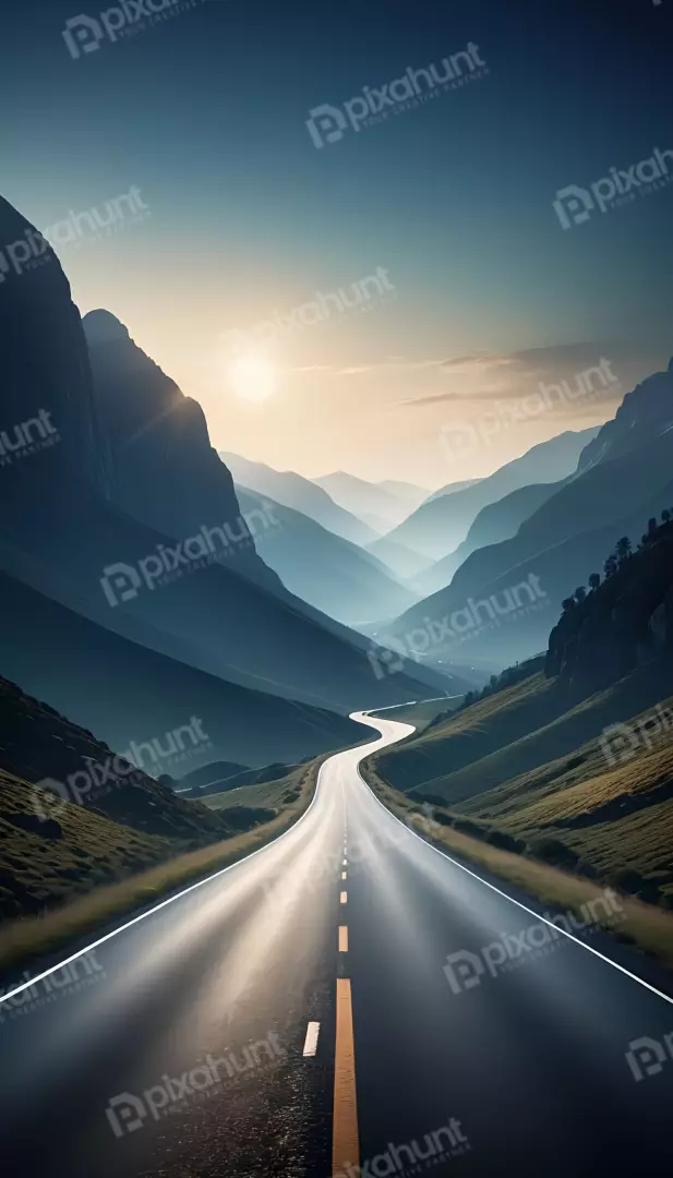 Free Premium Stock Photos Scenic mountain valley road at sunrise with sunrays
