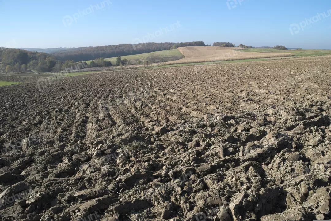 Vast Ploughed Farmland Leading to Autumnal Rural Landscape Under Clear Blue Sky