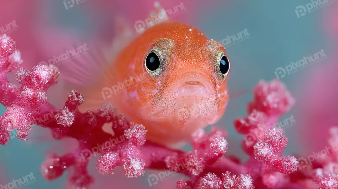Close-up of a Vibrant Orange Pygmy Goby Resting on Textured Pink Coral