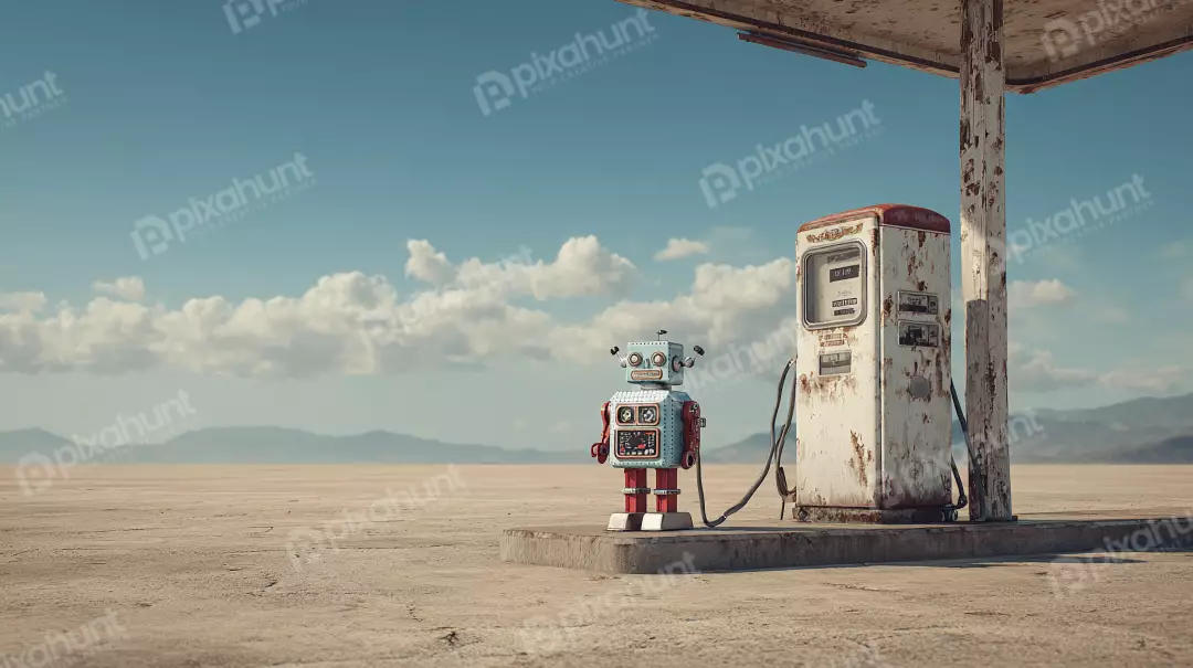 Free Premium Stock Photos Vintage Robot Stands Beside Abandoned Gas Pump in Desolate Desert Landscape