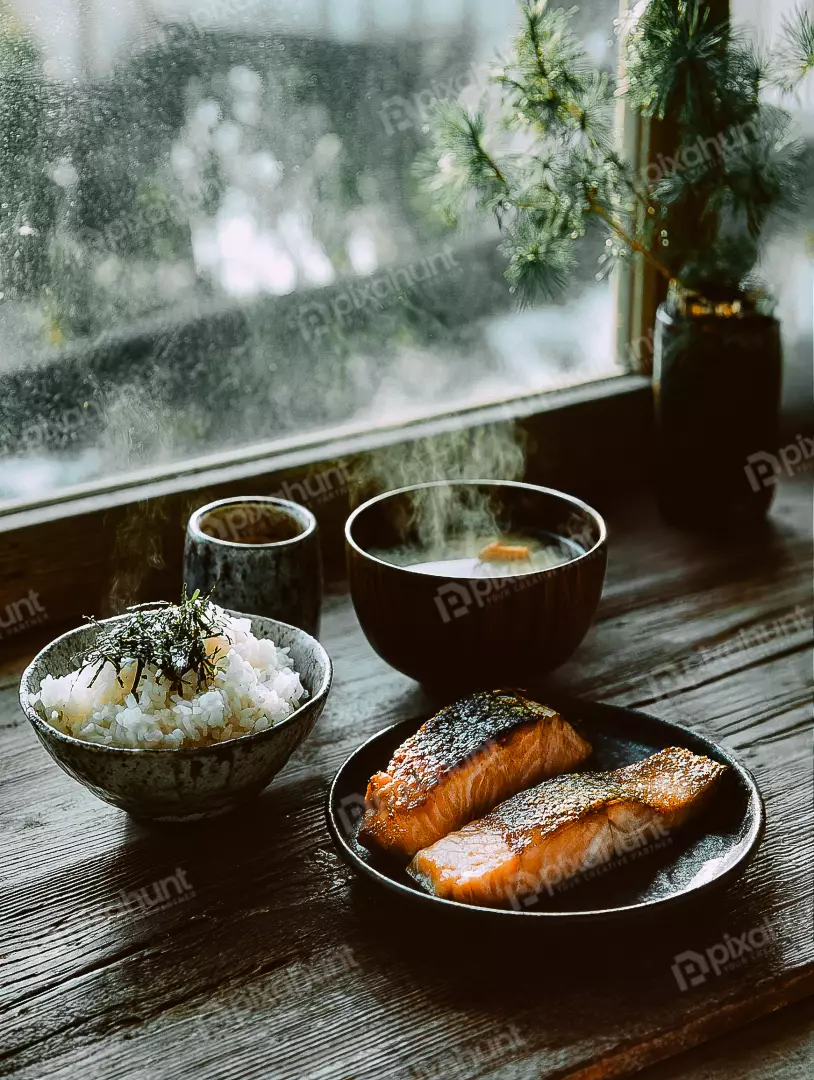Warm and Healthy Japanese Breakfast with Savory Salmon, Fluffy Rice, and Steaming Soup