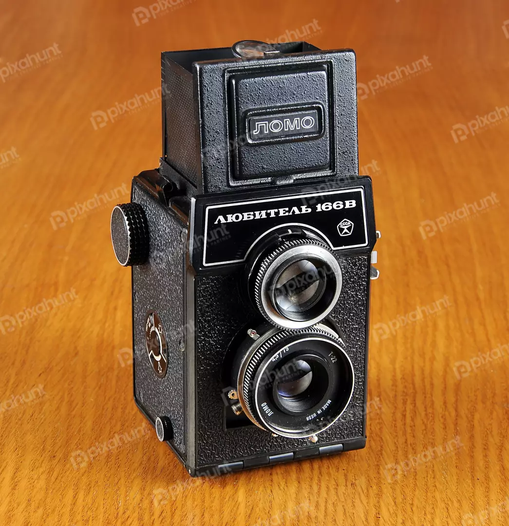 Vintage Soviet Lubitel 166V Twin Lens Reflex Camera on Wood Table