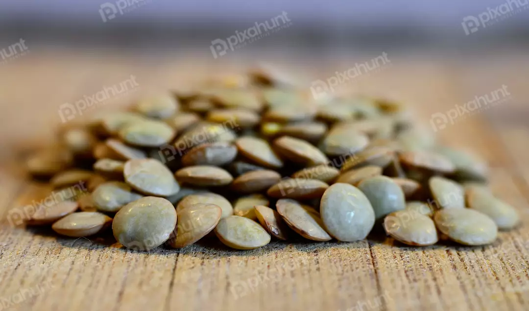Raw Green Lentils on Wooden Table Macro Shot