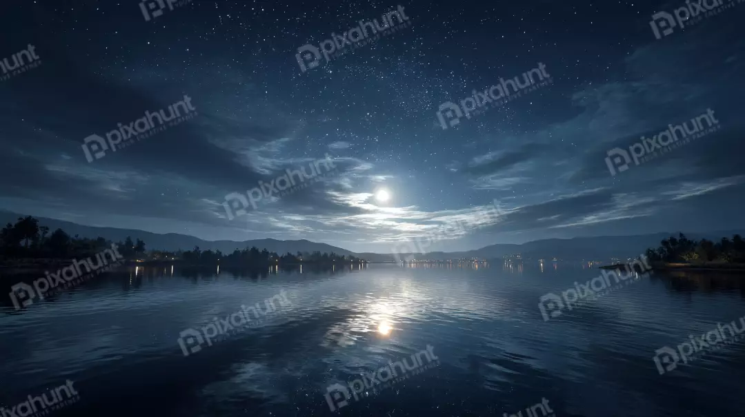 Free Premium Stock Photos Starry Night Over Moonlit Lake with Distant City Lights Landscape