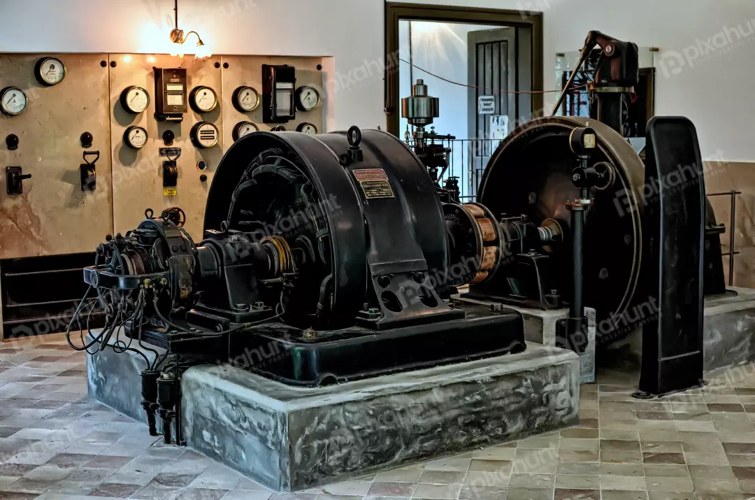 Historic Power Station Interior with Old Industrial Electrical Generator and Instruments