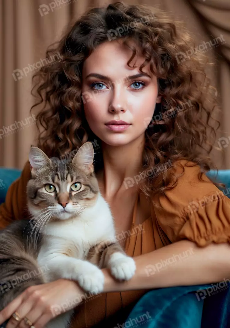 Young Woman with Curly Hair Cuddling Fluffy Tabby Cat on Sofa