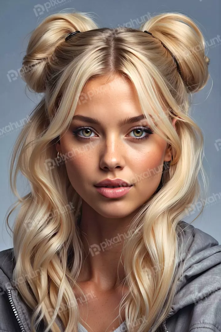 Captivating Blonde Woman with Playful Space Buns and Green Eyes