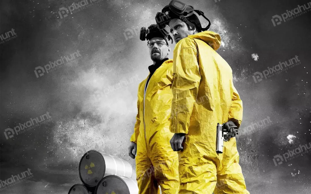 Two Men in Yellow Hazmat Suits with Handgun and Radioactive Barrels on Smoky Background
