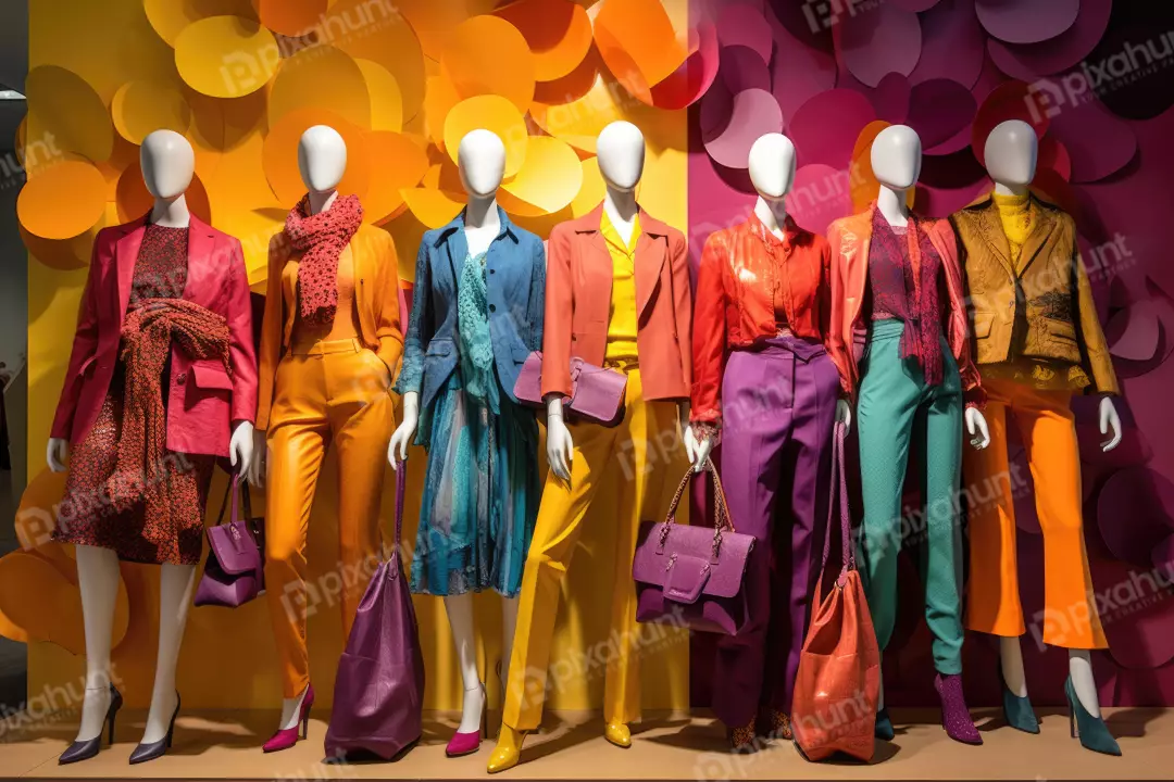 Vibrant Fashion Display with Mannequins Showcasing Colorful Spring Outfits