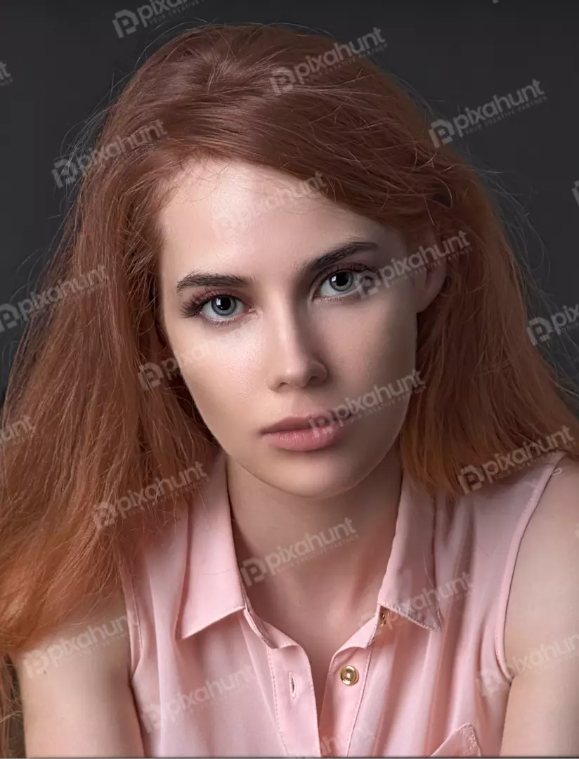 Expressive Redhead Woman Portrait: Direct Gaze, Pink Blouse