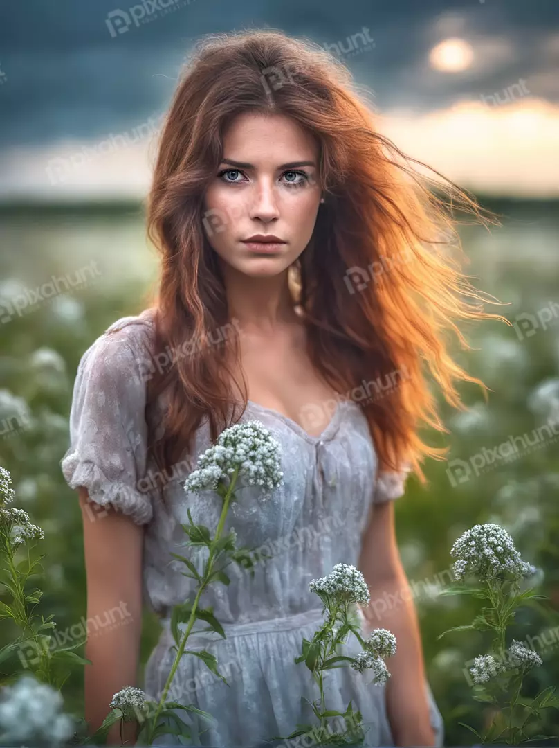 Pensive Redhead Woman in Sheer Dress Amidst White Wildflowers at Dusk
