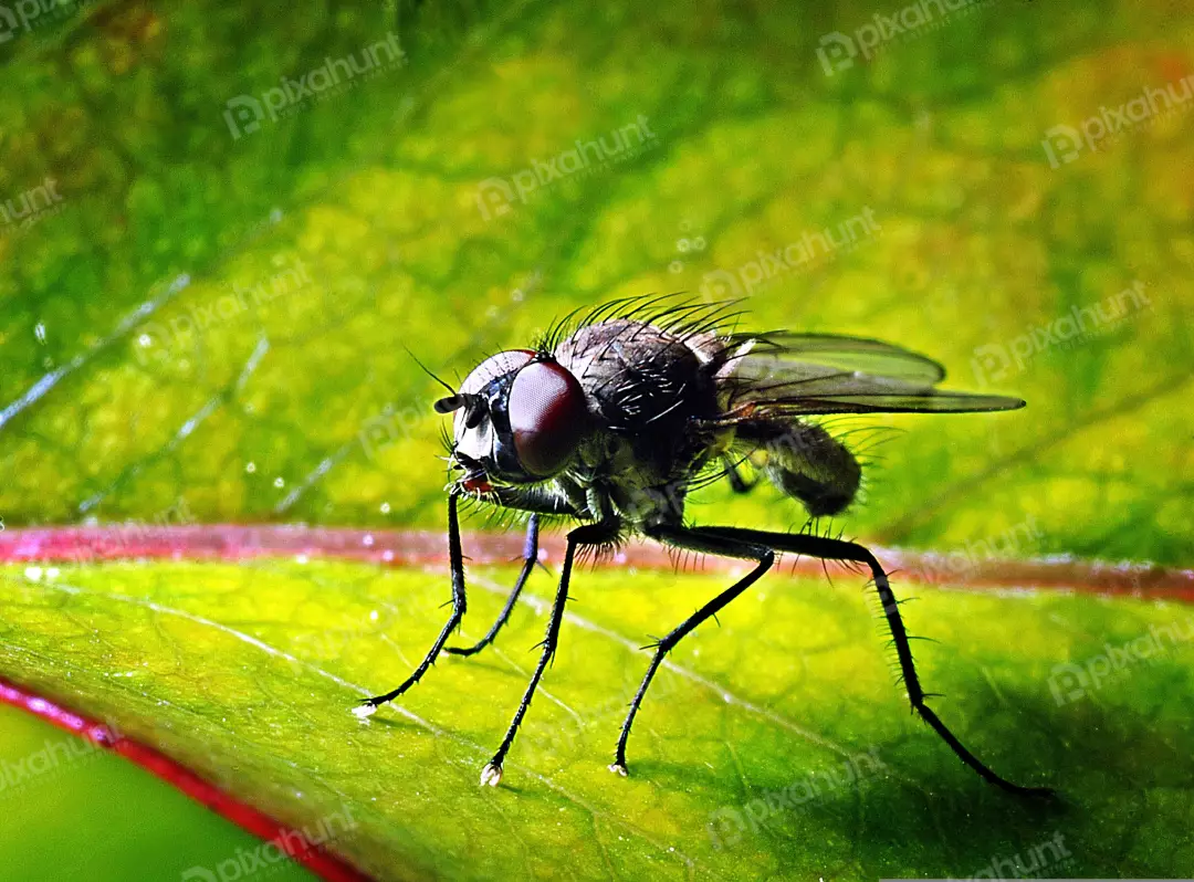 Intricate Macro Portrait of a Housefly on a Vibrant Green Leaf