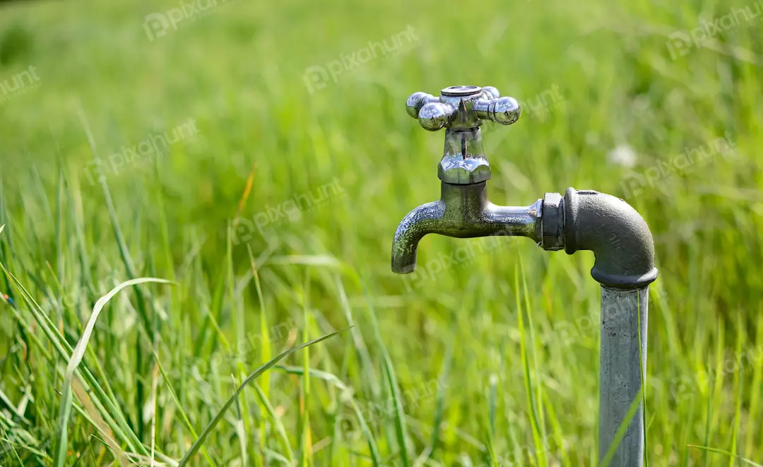 Weathered Outdoor Water Tap in Lush Green Grass Field