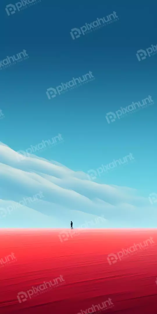 Free Premium Stock Photos Lone figure walks across a vast, surreal red landscape under a bright blue sky with stylized clouds.